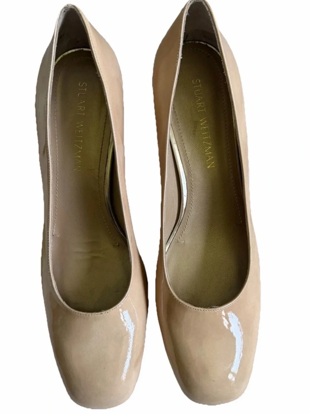 Stuart Weitzman Beige Nude Patent Leather Square Toe Block Heel Pumps Sz 11.5M